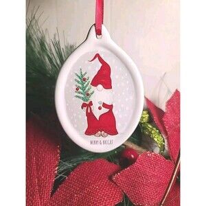 NWT Ganz Gnome Christmas Tree Merry & Bright Ceramic Ornament Farmhouse